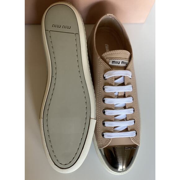 NIB Miu Miu Women's Metal Cap Toe Leather Sneakers (40 Euro) 5E8998 IT - Picture 6 of 8